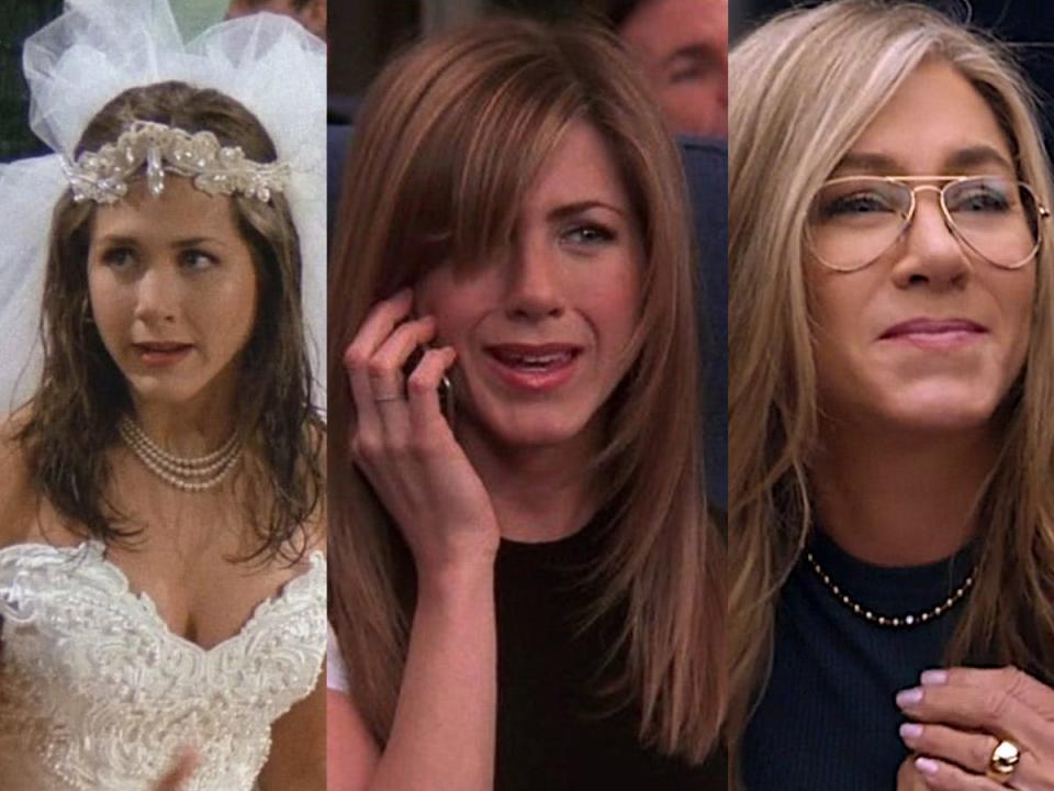 Jennifer Aniston as Rachel Green in the first and last episodes of "Friends," and in the Max reunion special.