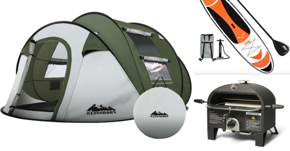 Four-man tent, inflatable paddleboard, portable pizza oven from Woolworths