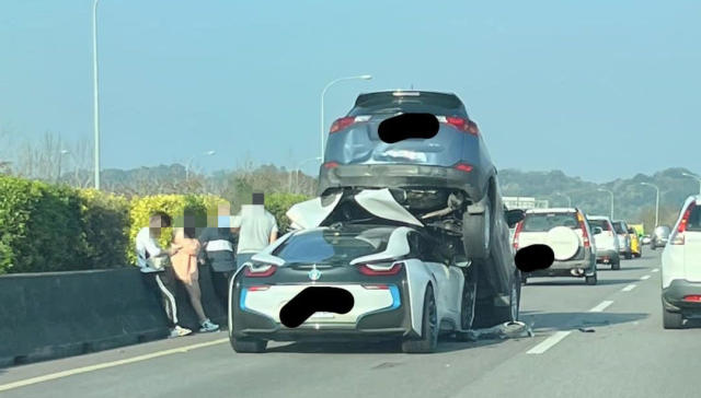 國道1號5車追撞bmw I8衝休旅車底