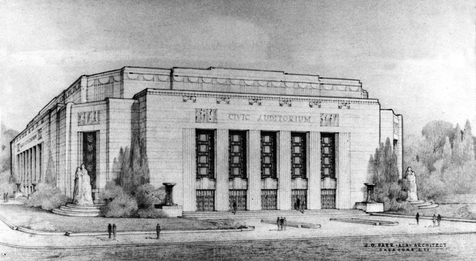 Official architectural rendering of the "new" Oklahoma City Municipal Auditorium / Civic Center Music Hall which ran in the June 13, 1935 Oklahoma City Times. Drawing done by Oklahoma City architect J.O. Parr.