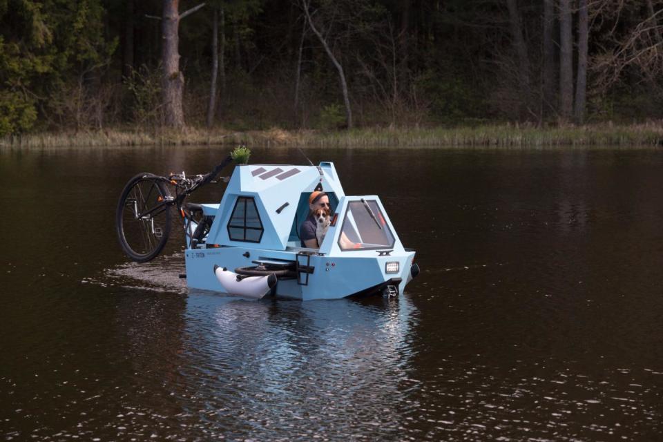 The quirky multipurpose Zeltini Z-Triton amphibious boat, tricycle, and camper. 