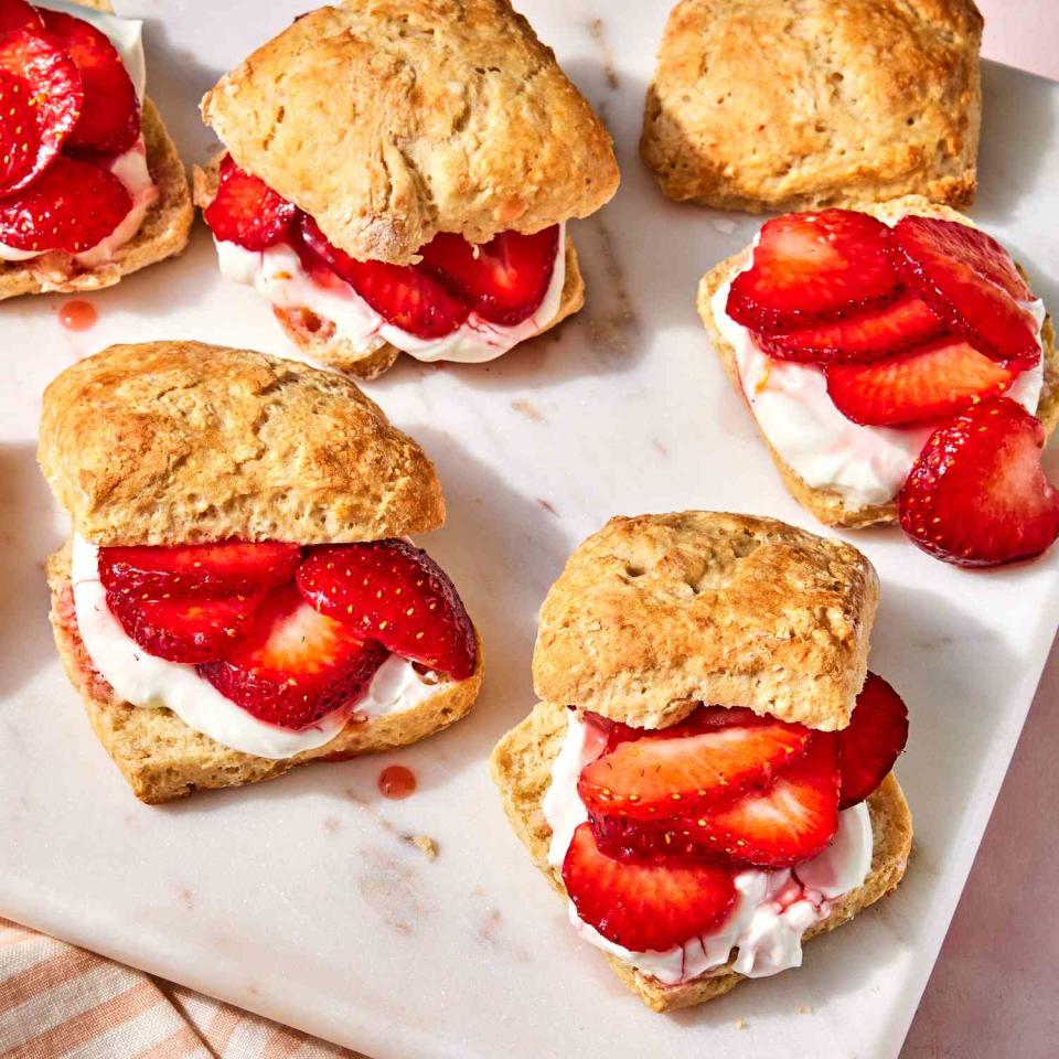 <p>These light and fresh strawberry shortcakes lean on nonfat Greek-style yogurt instead of butter or cream in the shortcakes. Just a small amount of sugar and a pinch of lemon zest is all you need to bring out the flavor of fresh strawberries in this easy diabetes-friendly dessert. <a href="https://www.eatingwell.com/recipe/8032398/strawberry-shortcake/" rel="nofollow noopener" target="_blank" data-ylk="slk:View Recipe;elm:context_link;itc:0" class="link ">View Recipe</a></p>