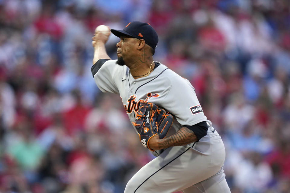 Detroit Tigers' Jose Cisnero pitches during the fourth inning of a baseball game against the Philadelphia Phillies, Tuesday, June 6, 2023, in Philadelphia. (AP Photo/Matt Slocum)