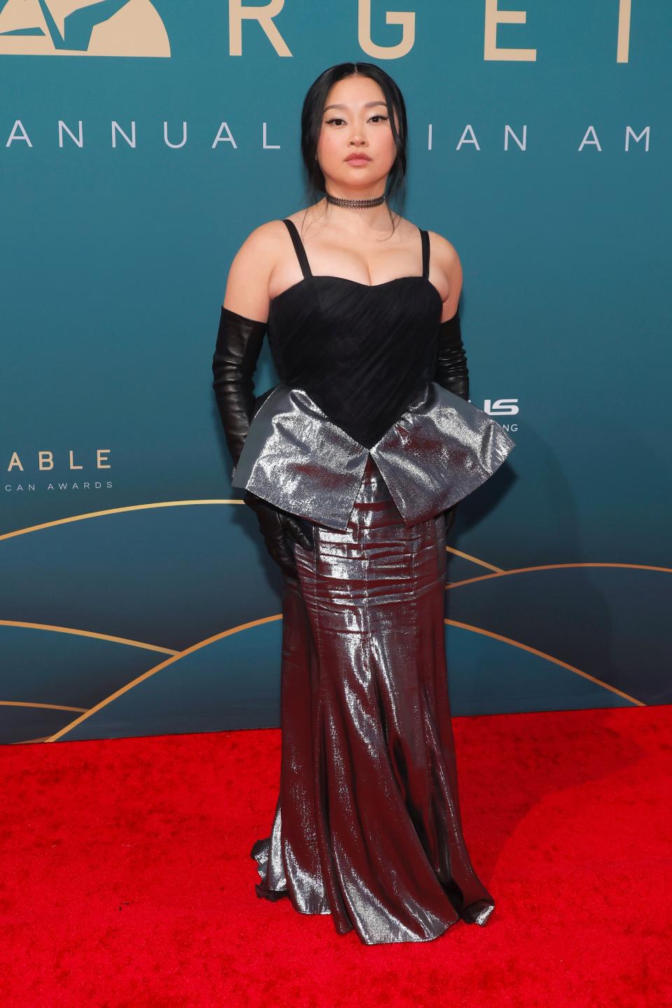 Lana Condor, silver dress, black dress, gloves, leather gloves, hidden heels, heels, high heels, Unforgettable Gala, red carpet, celebrity red carpet