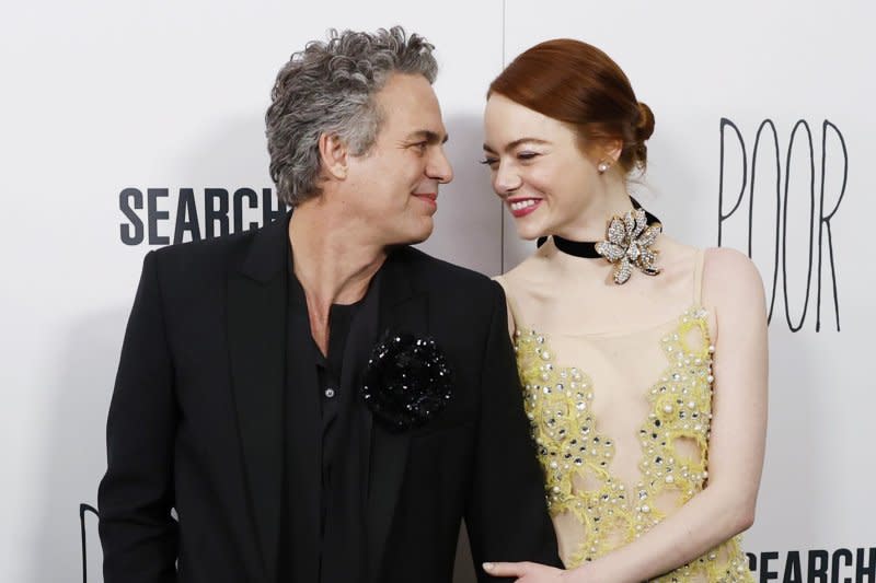 Emma Stone (R) and Mark Ruffalo attend the New York premiere of "Poor Things" on Wednesday. Photo by John Angelillo/UPI