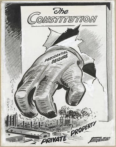 ‘Iron-fisted Breach,’ a cartoon by Jerry Costello reacting to President Harry Truman’s effort to nationalize the U.S. steel industry through an emergency declaration, published in the Knickerbocker News (Albany, N.Y.), April 23, 1952. <a href="https://www.loc.gov/exhibits/magna-carta-muse-and-mentor/executive-power.html" rel="nofollow noopener" target="_blank" data-ylk="slk:Library of Congress;elm:context_link;itc:0;sec:content-canvas" class="link ">Library of Congress</a>, <a href="http://creativecommons.org/licenses/by-nd/4.0/" rel="nofollow noopener" target="_blank" data-ylk="slk:CC BY-ND;elm:context_link;itc:0;sec:content-canvas" class="link ">CC BY-ND</a>