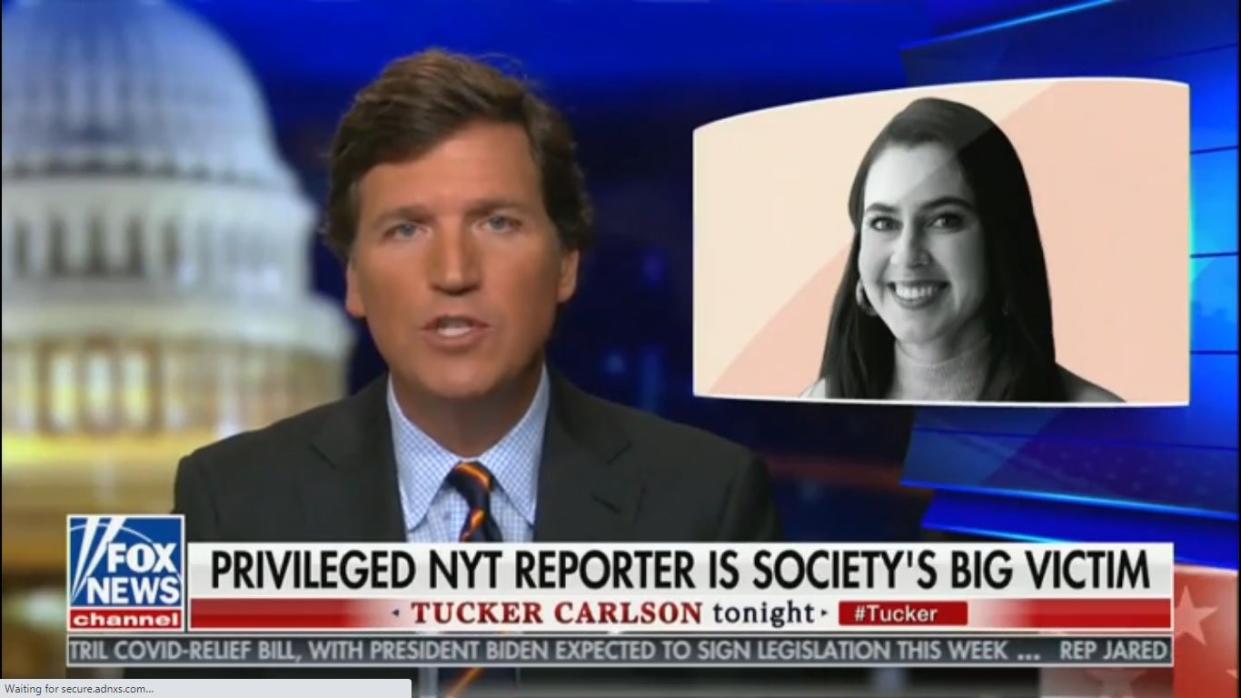 <p>Tucker Carlson’ comment about New York Times journalist were accused of harrasment</p> (Screengrab/Fox News)