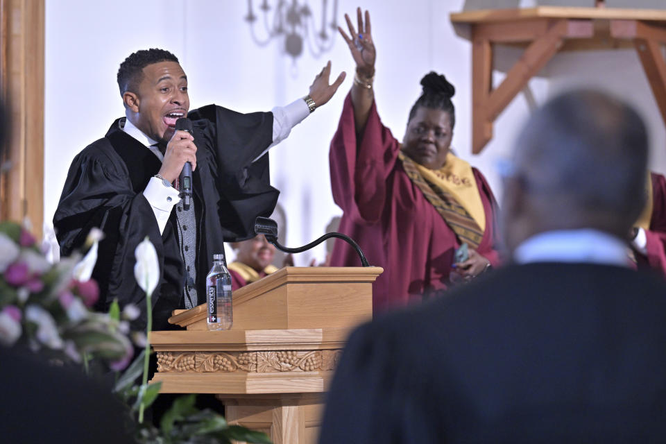 The Rev. Brandon Thomas Crowley speaks during Sunday service at Myrtle Baptist Church in Newton, Mass., on Sunday, May 5, 2024. Myrtle, celebrating its 150th anniversary this year, takes pride in its progressive, inclusive congregation, but many Black churches and denominations in the U.S. remain opposed to celebrating same-sex marriages or ordaining openly LGBTQ+ clergy. (AP Photo/Josh Reynolds)