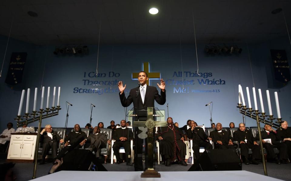 <div class="inline-image__caption"><p>Sen. Barack Obama makes remarks at St. Mark Cathedral 15 January, 2007 in Harvey, Illinois. Obama spoke to the congregation on the birth date of the late Dr. Martin Luther King, Jr.</p></div> <div class="inline-image__credit">Jeff Haynes/AFP via Getty Images</div>