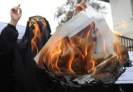 <p>A Muslim Khawateen Markaz activist burns portraits of Indian Prime Minister Narendra Modi during a protest in Srinagar on April 19, 2016. The activists on April 19 demonstrated against the recent deaths of five people after troops fired on protesters incensed by the alleged molestation of a girl by a soldier in Indian-administered Kashmir. </p>