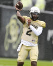 Colorado quarterback Shedeur Sanders throws a pass during the first half of the team's spring NCAA college football game Saturday, April 27, 2024, in Boulder, Colo. (AP Photo/David Zalubowski)