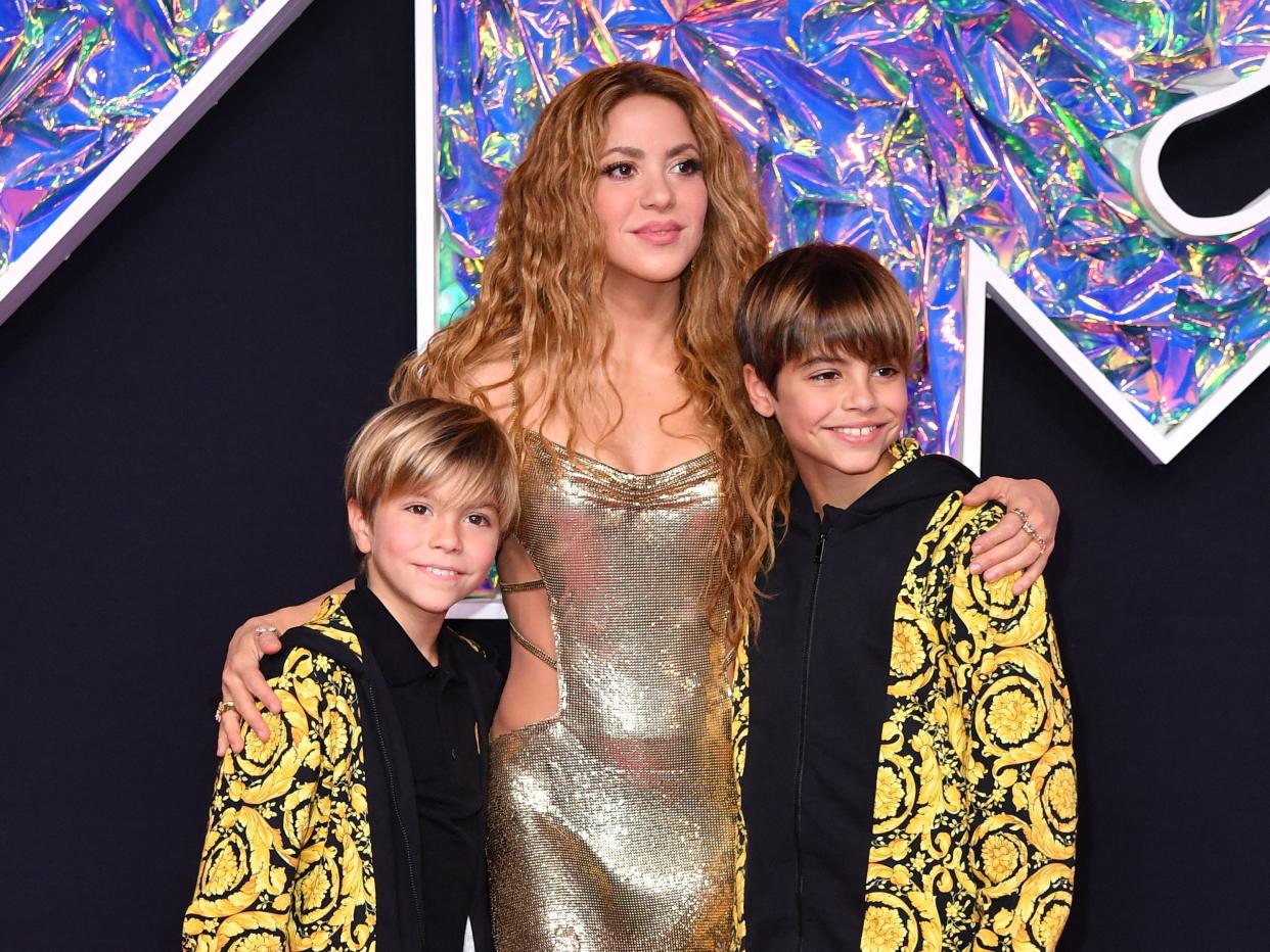 Shakira stands with her children while arriving for the MTV Video Music Awards at the Prudential Center in Newark, New Jersey, on September 12, 2023.