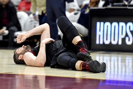 May 25, 2018; Cleveland, OH, USA; Cleveland Cavaliers center Kevin Love (0) reacts after being injured during the first quarter against the Boston Celtics in game six of the Eastern conference finals of the 2018 NBA Playoffs at Quicken Loans Arena. Mandatory Credit: David Richard-USA TODAY Sports