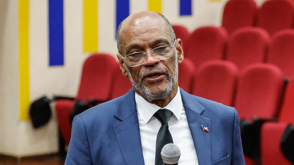 Haitian Prime Minister Ariel Henry speaks to students during a public lecture on bilateral engagement between Kenya and Haiti, at the United States International University Africa, in Nairobi, on March 1. - Simon Maina/AFP/Getty Images