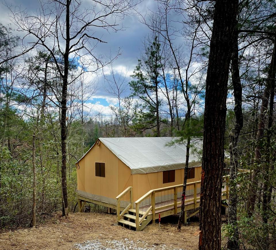 The back of The Oriole's Nest, a luxury glamping site run by Dappled Light Adventures at Daniel Boone National Forest in Kentucky.