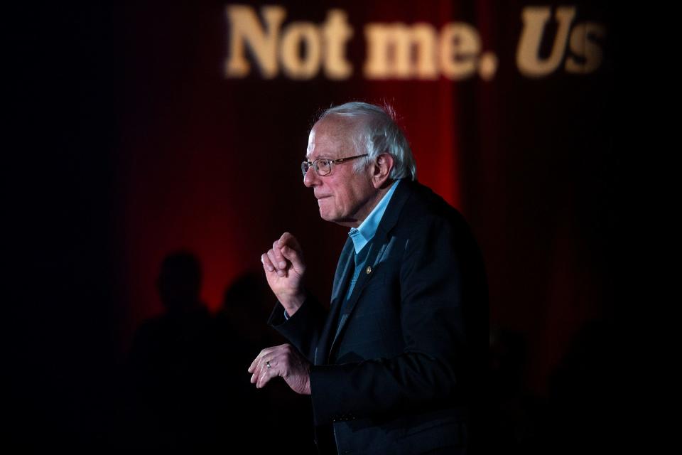 U.S. Sen. Bernie Sanders, I-Vt., speaks to the crowd during Bernie's Big New Year's Bash on Tuesday, Dec. 31, 2019, in downtown Des Moines.