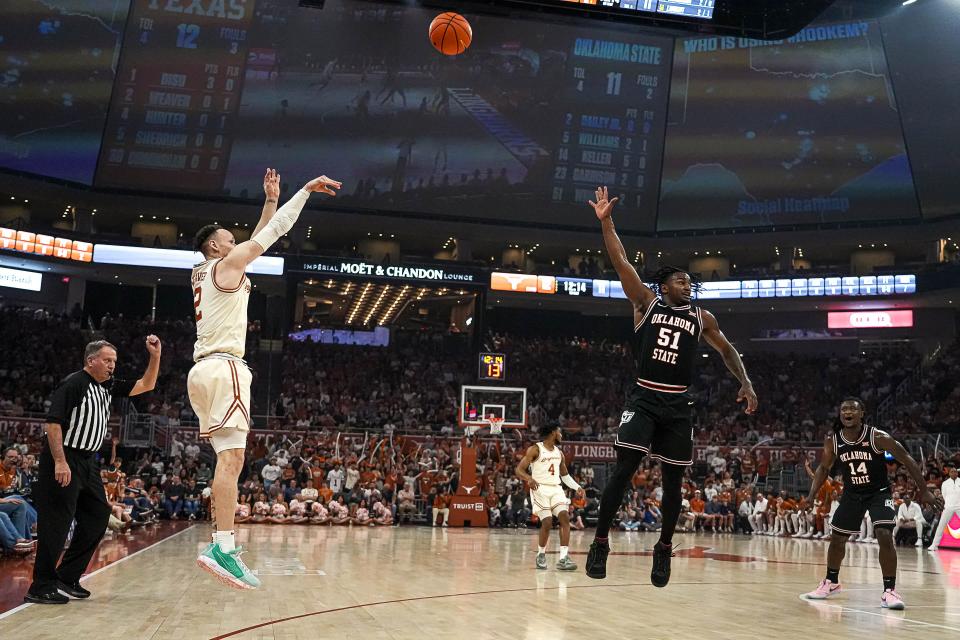 Texas guard Chendall Weaver lets loose a shot during Saturday's win over Oklahoma State. Weaver scored 15 points in Tuesday's win over Texas Tech, which was a season high, and followed that with a 16-point performance against Oklahoma State, a new season high.