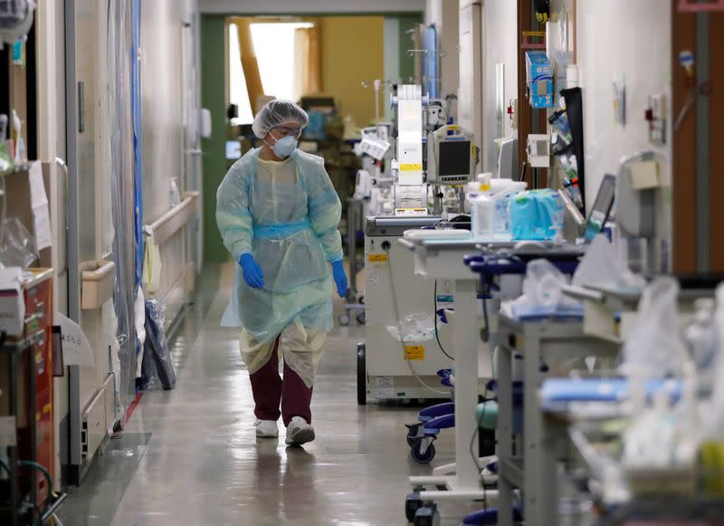 A medical personnel works in the ICU for the coronavirus disease (COVID-19) patients at St. Marianna Medical University Hospital in Kawasaki, Japan