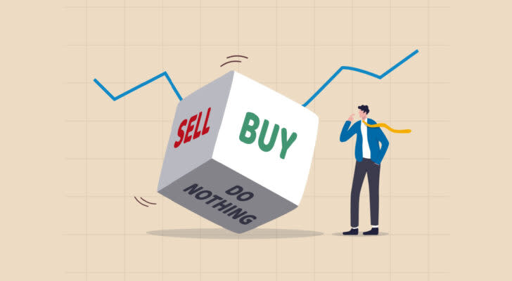 Graphic of large die that says "sell," "buy" and "do nothing" on the three sides shown with investor character to the side thinking. Beige graph background with blue line near top. speculative stocks to sell