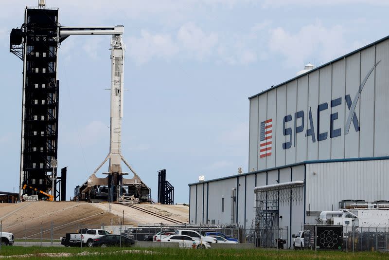 A SpaceX Falcon 9 rocket is shown as it is prepared for another launch attempt for Polaris Dawn, a private human spaceflight mission