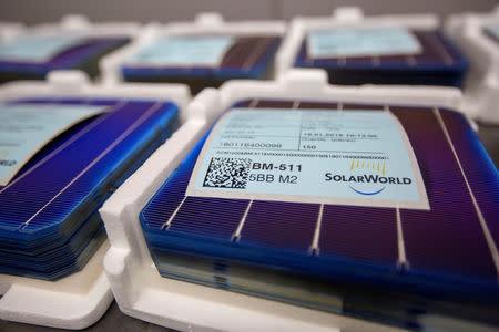 Solar panel cells are seen in the production process at the SolarWorld solar panel factory in Hillsboro, Oregon, U.S., January 15, 2018. Picture taken January 15, 2018. REUTERS/Natalie Behring