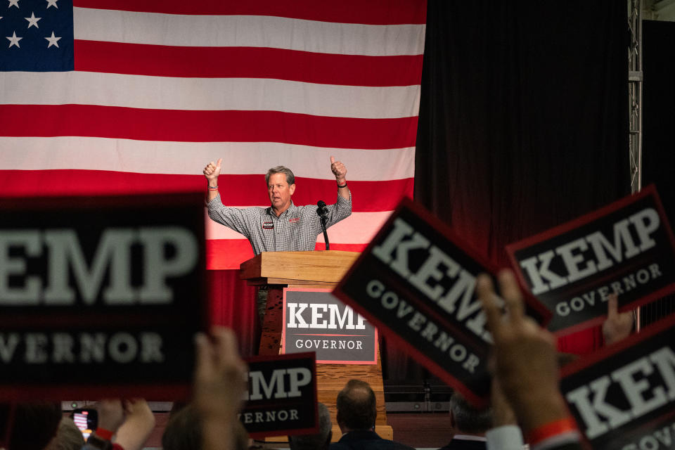 Georgia Governor Brian Kemp speaks to supporters at a Putting Georgians first Fly-around Tour event on Nov. 7, 2022 in Kennesaw, Ga.<span class="copyright">Megan Varner—Getty Images</span>