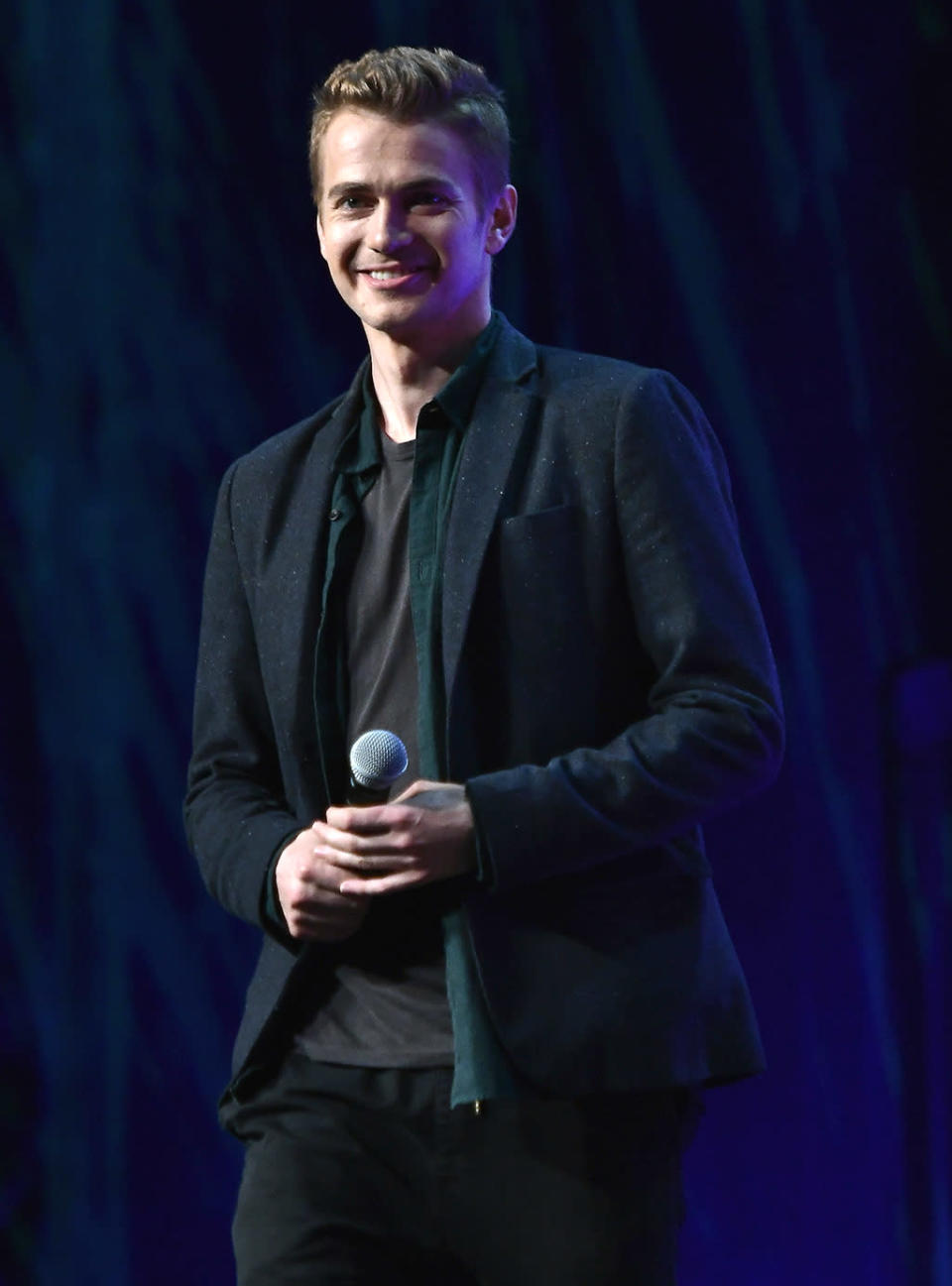 <p>Hayden Christensen, from <em>Episode II: Attack of the Clones</em> and <em>Episode III: Revenge of the Sith</em>, joined the panel and described how he couldn’t stop making light saber noises during the duels. (Photo: Gustavo Caballero/Getty Images) </p>