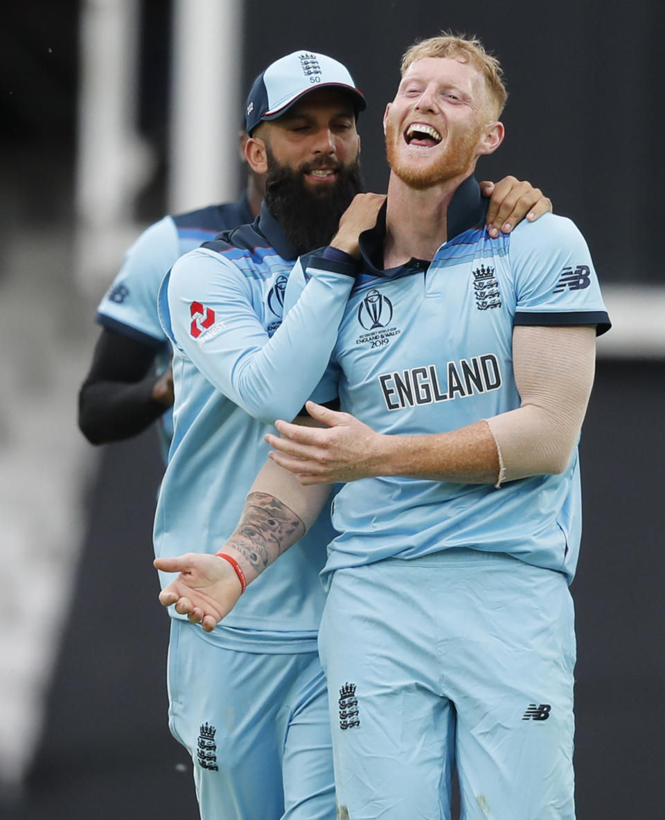 England's Ben Stokes celebrates after taking the wicket of South Africa's Kagiso Rabada during their Cricket World Cup match at the Oval in London, Thursday, May 30, 2019. (AP Photo/Frank Augstein)