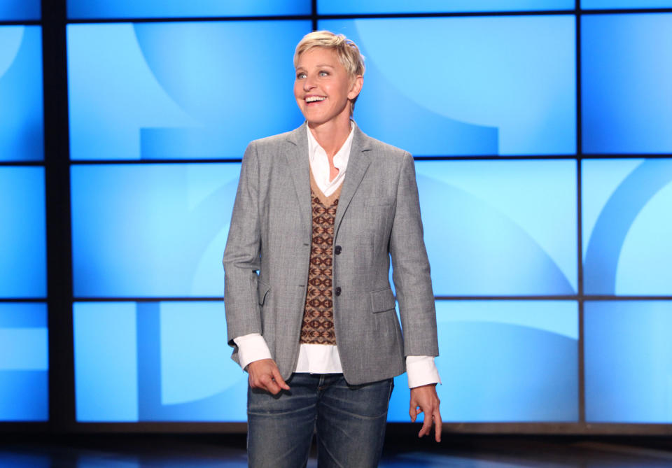 FILE- This Sept. 26, 2011, file photo, originally provided by Warner Bros., shows Ellen DeGeneres during a taping of "The Ellen DeGeneres Show" in Burbank, Calif. Chef and cookbook author Roberto Martin featured in “Vegan Cooking for Carnivores," is the personal chef to comedian and TV host Ellen DeGeneres, who is a vegan. (AP Photo/Warner Bros., Michael Rozman, File)