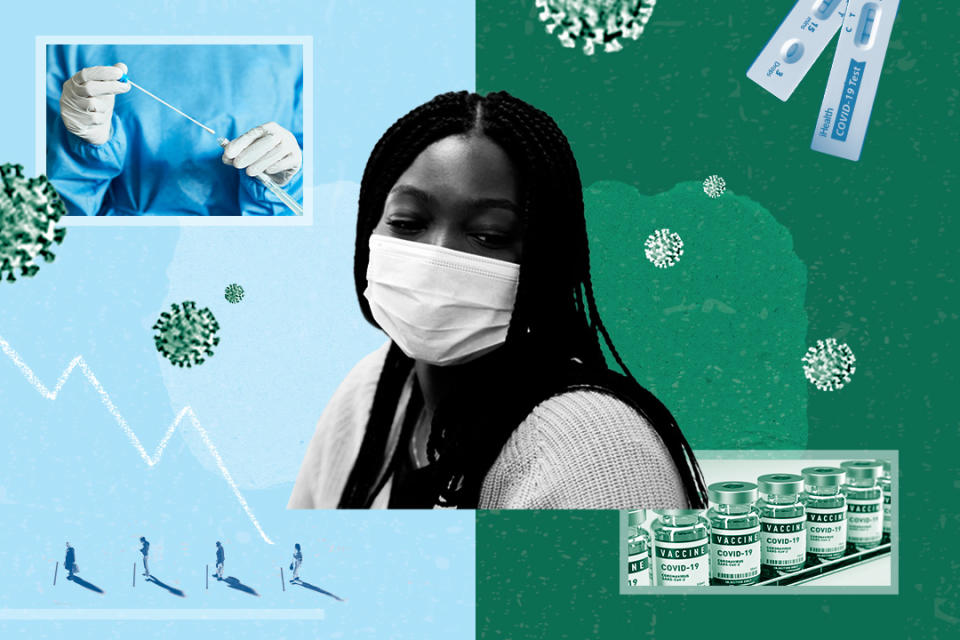 A woman wearing a medical mask is framed by a photo of the hands of a health care worker with a COVID testing swab and and one of several vials of COVID vaccine