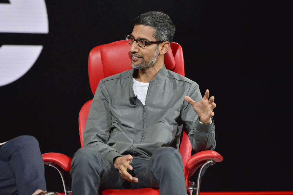 BEVERLY HILLS, CALIFORNIA - SEPTEMBER 06: Sundar Pichai speaks onstage Vox Media's 2022 Code Conference - Day 1 on September 06, 2022 in Beverly Hills, California. (Photo by Jerod Harris/Getty Images for Vox Media)