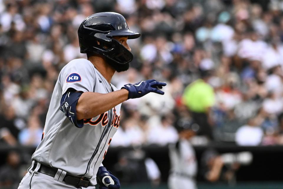 Tigers center fielder Riley Greene runs the bases after hitting a three-run double against the White Sox during the first inning on Saturday, Aug. 13, 2022, in Chicago.