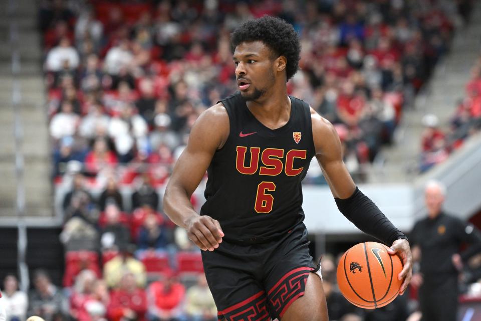 USC guard Bronny James dribbles against Washington State at Friel Court at Beasley Coliseum.