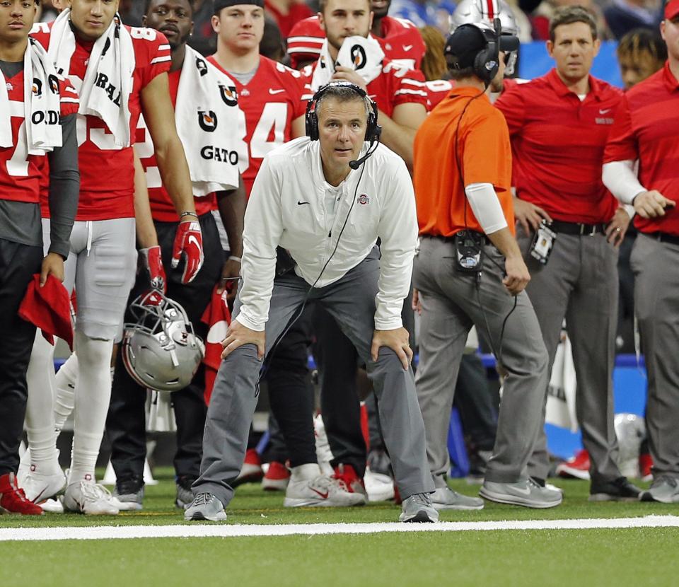 Ohio State Buckeyes head coach Urban Meyer watches his team during a punt return against Northwestern Wildcats during the 2nd quarter in the Big Ten Championship game in Indianapolis, Ind on December 1, 2018.  [Kyle Robertson/Dispatch]