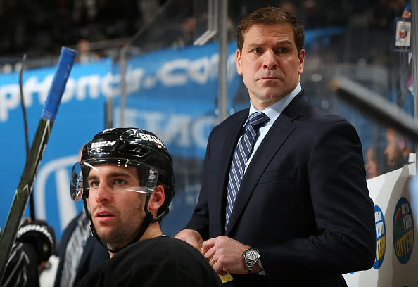 NEW YORK, NY – JANUARY 19: Doug Weight of the New York Islanders looks on from the bench during his first game as head coach against the Dallas Stars as John Tavares #91 waits to enter the game at the Barclays Center on January 19, 2017 in Brooklyn borough of New York City. (Photo by Mike Stobe/NHLI via Getty Images)