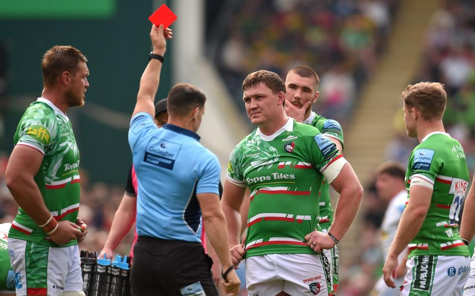 Referee Karl Dickson shows Leicester number eight Jasper Wiese a red card