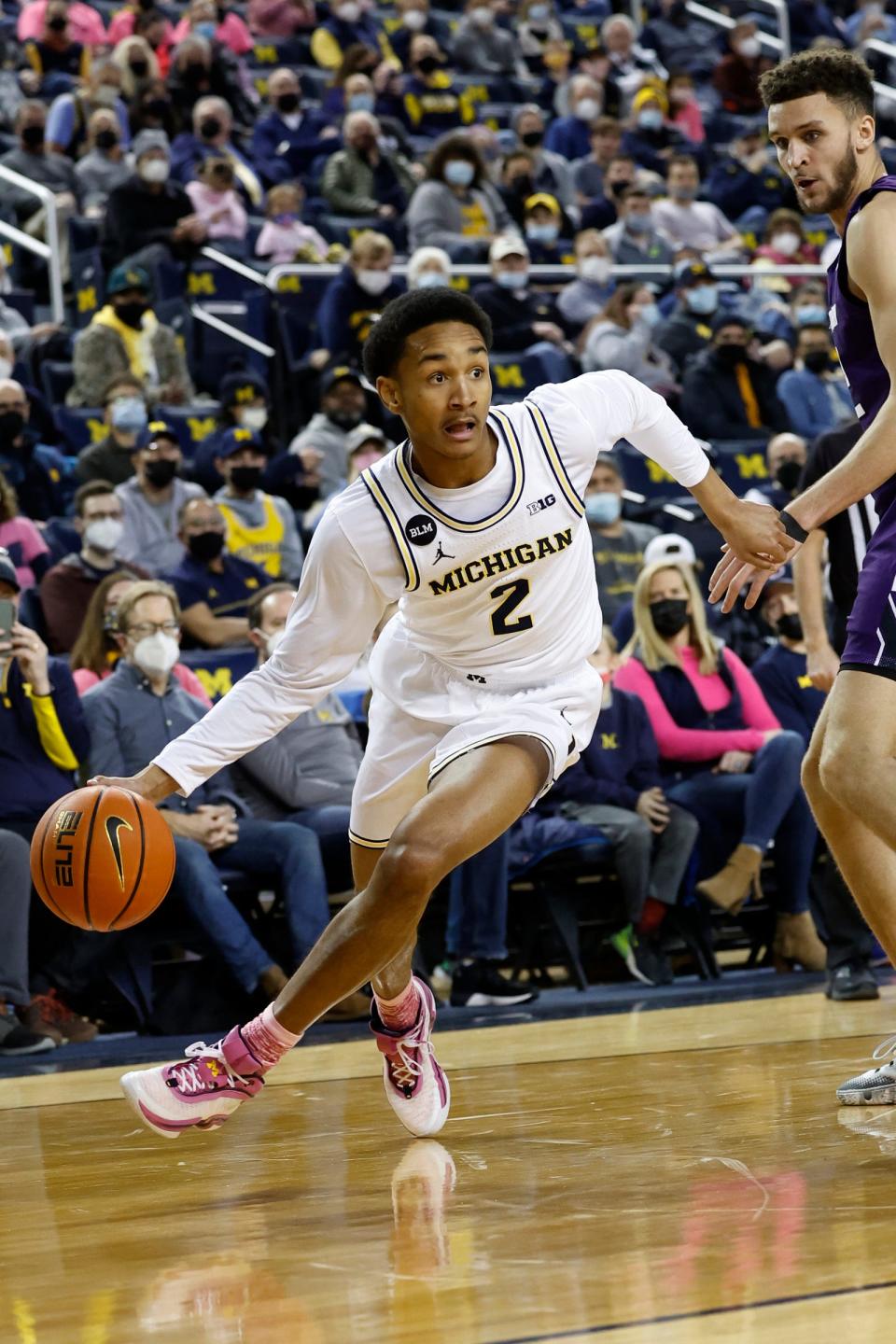 Jan 26, 2022; Ann Arbor, Michigan, USA; Michigan Wolverines guard Kobe Bufkin (2) dribbles in the first half against the Northwestern Wildcats at Crisler Center. Mandatory Credit: Rick Osentoski-USA TODAY Sports