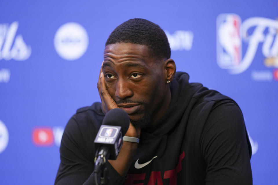 Miami Heat center Bam Adebayo reacts during a news conference, Sunday, June 11, 2023, in Denver. Miami takes on the Denver Nuggets in Game 5 of the NBA Finals on Monday. (AP Photo/Jack Dempsey)