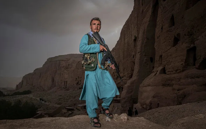 A Taliban guard at the site of the Bamiyan Buddhas