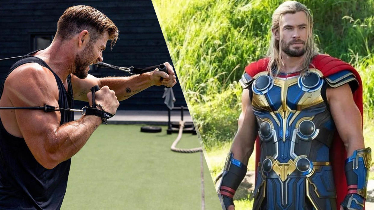  a photo of Chris Hemsworth doing a resistance band workout 