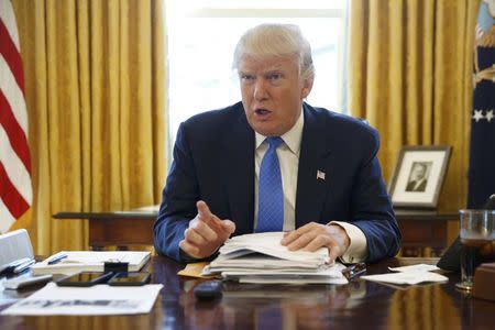 U.S. President Donald Trump is interviewed by Reuters in the Oval Office at the White House in Washington, U.S., February 23, 2017. REUTERS/Jonathan Ernst