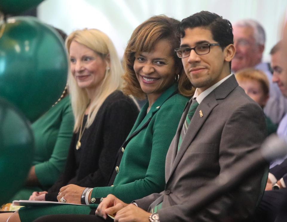 Palm Beach State College President Ava Parker and student trustee David Hernandez smile during the grand opening of PBSC's $30 million campus in Loxahatchee Groves in 2017.