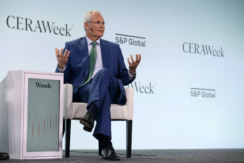 Exxon Mobil Chairman & CEO Darren Woods speaks during the CERAWeek oil summit in Houston, Texas, on March 18, 2024. (Photo by Mark Felix / AFP) (Photo by MARK FELIX/AFP via Getty Images)