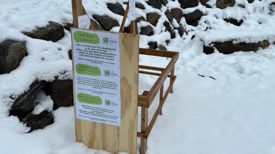 The Free Sled Library at Plaster Creek Park in Grand Rapids on Jan. 24, 2024.