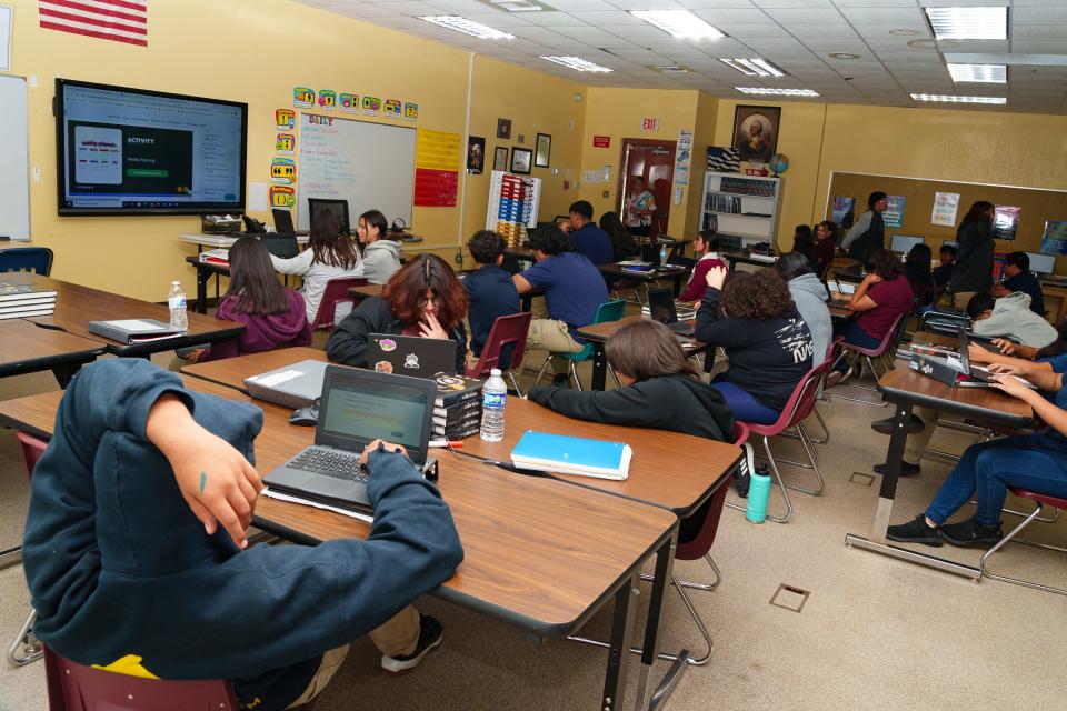 Due to a teacher shortage, all eighth graders share one classroom at Stanfield Elementary school in Arizona.