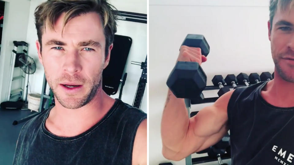 Chris Hemsworth thanked fans from his home gym, and doing “a couple of curls” just like Dwayne “the Rock” Johnson. Source: Instagram/chrishemsworth