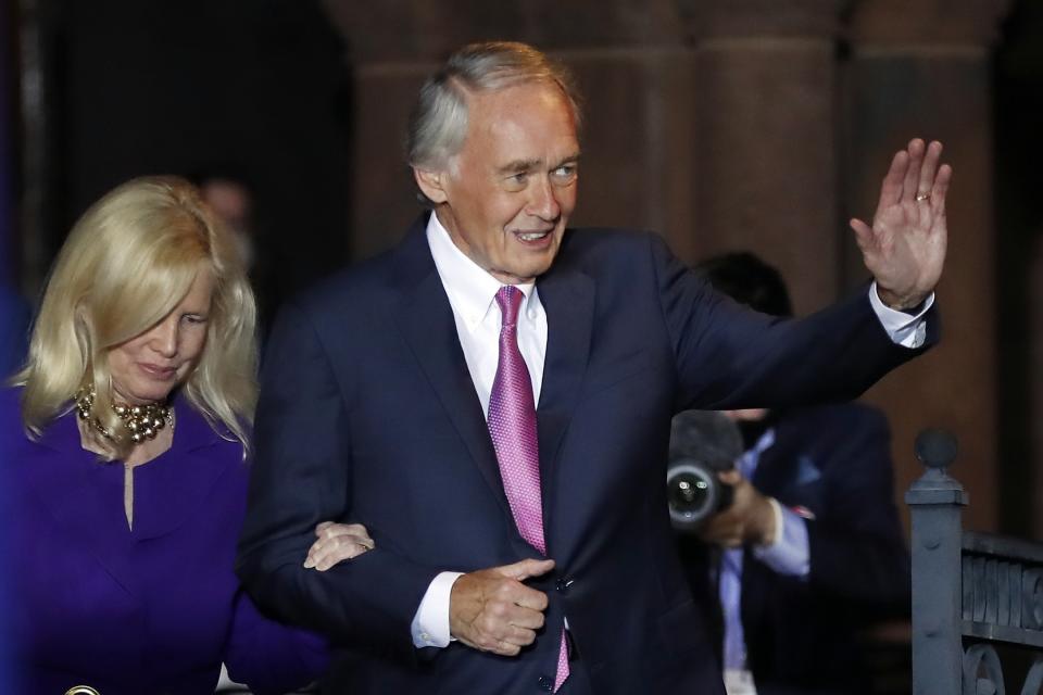 Incumbent U.S. Sen. Edward Markey arrives with his wife, Susan, Tuesday, Sept. 1, 2020, in Malden, Mass., to speak after defeating U.S. Rep. Joe Kennedy III in the Massachusetts Democratic Senate primary. (AP Photo/Michael Dwyer)