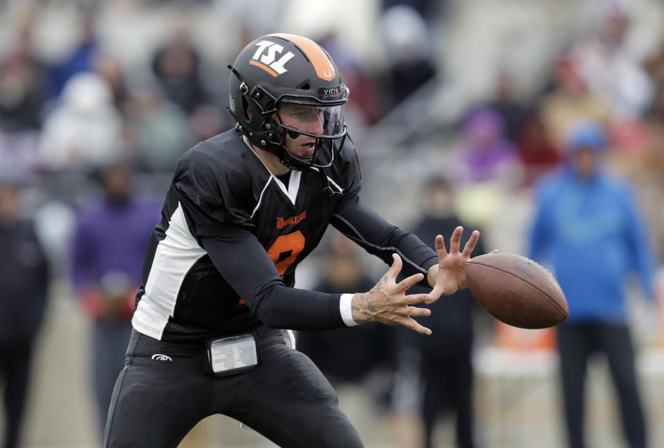 Former Heisman Trophy-winning quarterback Johnny Manziel (2) takes part in a developmental Spring League game, Saturday, April 7, 2018, in Austin, Texas. Manziel is hoping to impress NFL scouts in his bid to return to the league. (AP)