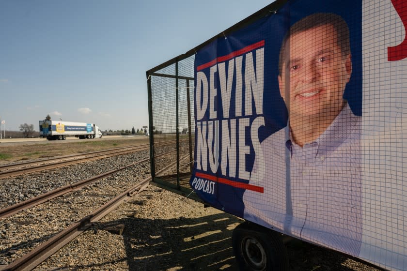 Devin Nunes' signs are ubiquitous on Highway 99 during this election cycle. Here, a ruby Republican heart beats in sapphire blue California, or as one KMJ promotion puts it, a hub for "rational thinking in an irrational state." That heart has missed a few beats in recent years as new voters, particularly Latinos, lean more liberal. But the Republican pulse keeps beating, even as Democrats dominate the state government and prepare for a March 3 primary election that will give them a larger say in their party's presidential nominating contest. Up the backbone of California, north of Bakersfield, the billboards that dot state Route 99 speak volumes. "Jesus is Lord," says more than one. "Dam Water Grows Food" proclaim several others. A picture of a mother and infant dominates another towering sign, which declares "Pro Woman, Pro Baby, Pro Life."