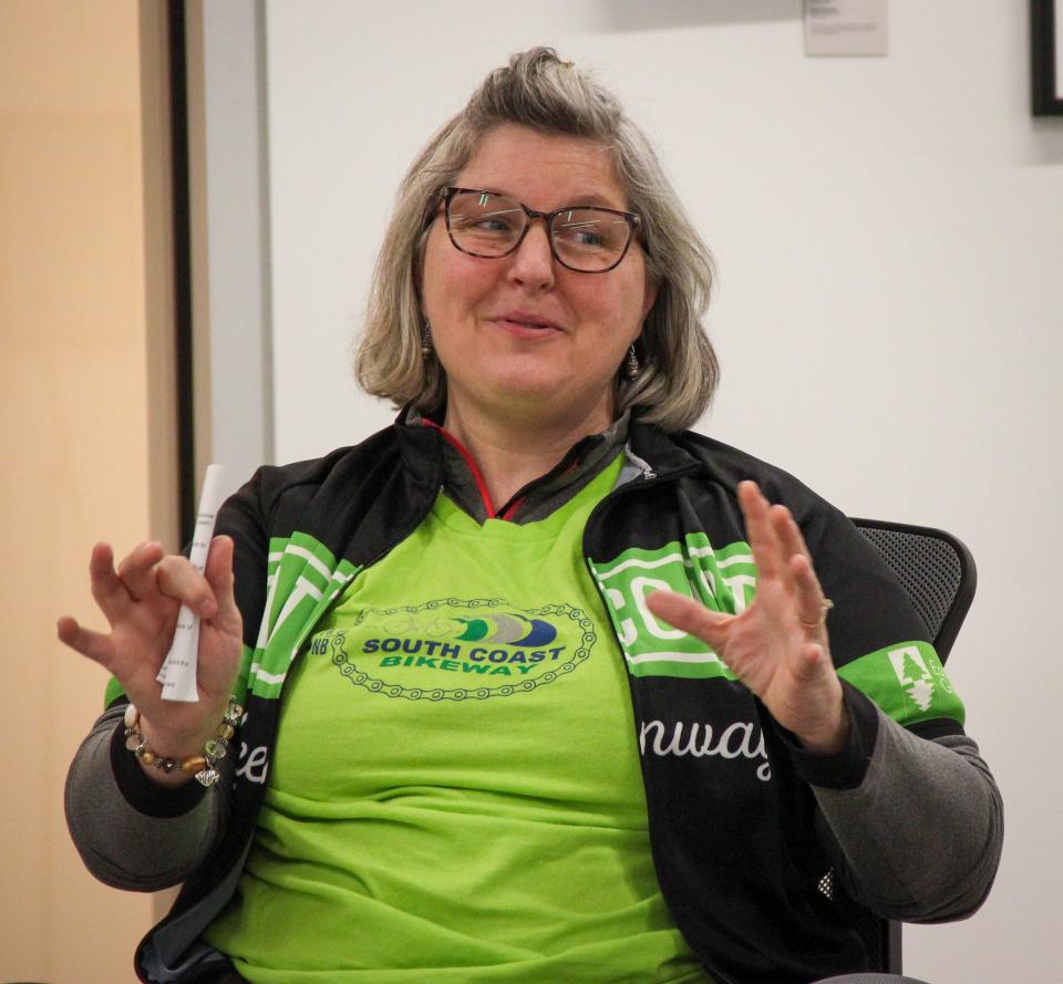 Sarah Labossiere, representing the South Coast Bikeway, talks about outdoors tourism at the Fall River Arts and Culture Coalition Ignition Space, 44 Troy St., on Wednesday, Jan. 24.